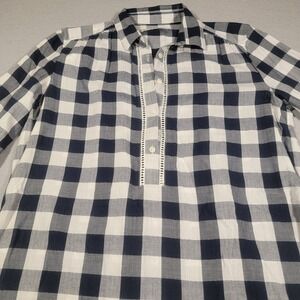 LOFT Navy‎ White Gingham Popover Blouse XS Long Sleeve Tunic Length Shirt Top